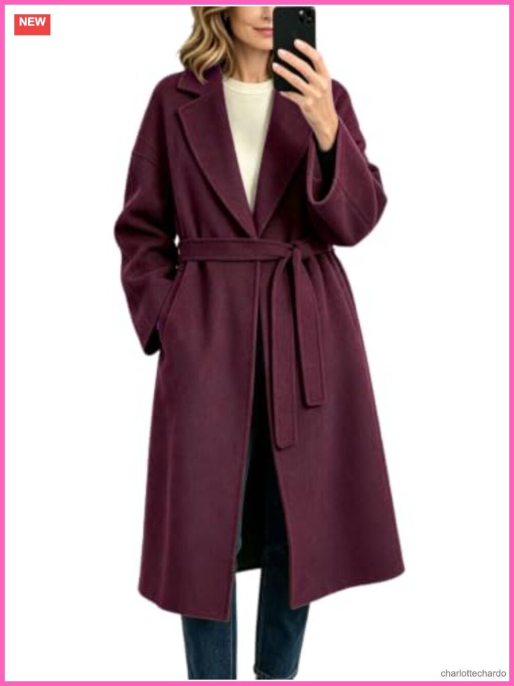 Women's Oversized Wool Blend Maxi Trench Coat Belted Notch Lapel Overcoat